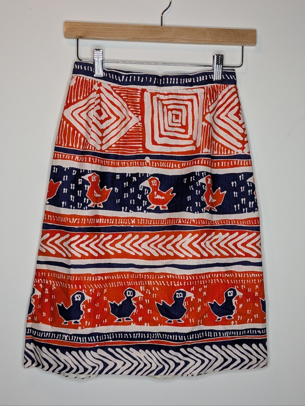 Vintage 60's Reddish Orange and Navy Printed Pencil Skirt Handmade Small